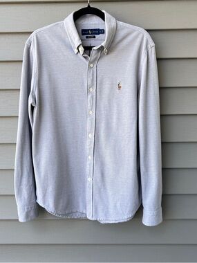 Ralph Lauren Men’s Mesh Knit Oxford Button-Down Shirt Large Gray Stretch Classic